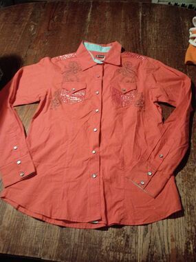 Large Cruel Orange Blue Grey Sequin Embellished Long Sleeve Button Shirt Blouse